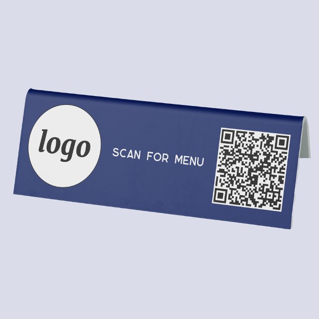 QR Code Logo Business Scan for Menu Navy Blue (Logo QR code Scan for Menu table tent sign for cafe bar restaurant shop store stall business)