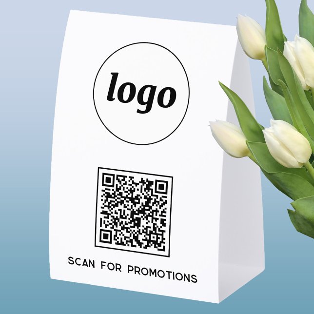 QR Code Logo Business Scan for Promotions (Simple logo with custom text business branding promotional QR code table tent sign)
