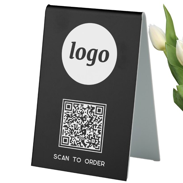 QR Code Logo Business Scan to Order Black (Logo QR code Scan to Order table tent sign for cafe bar restaurant shop store stall business)