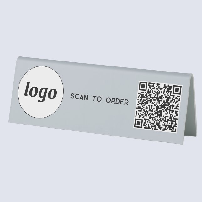QR Code Logo Business Scan to Order Blue (Logo QR code Scan to Order table tent sign for cafe bar restaurant shop store stall business)