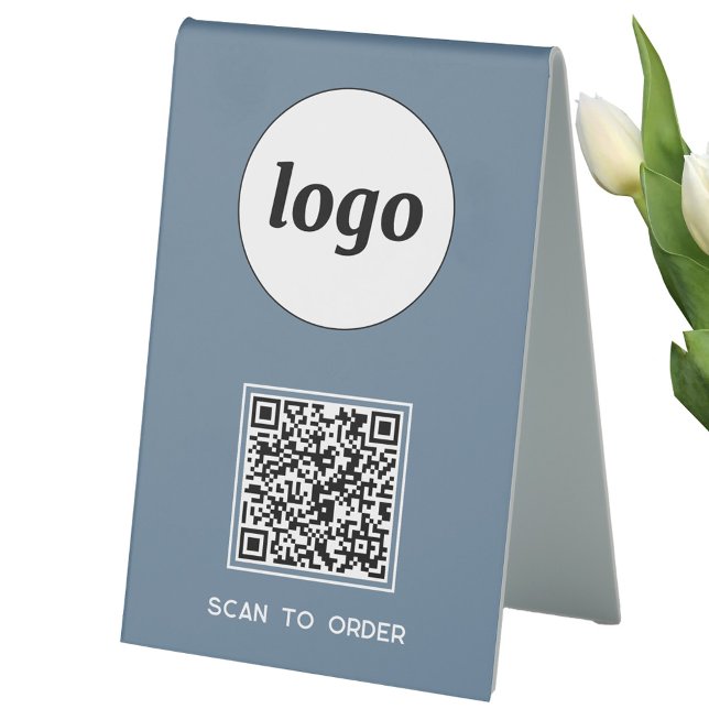 QR Code Logo Business Scan to Order Dusty Blue (Logo QR code Scan to Order table tent sign for cafe bar restaurant shop store stall business
)