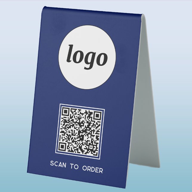 QR Code Logo Business Scan to Order Navy Blue (Logo QR code scan to pay business branding table tent sign)