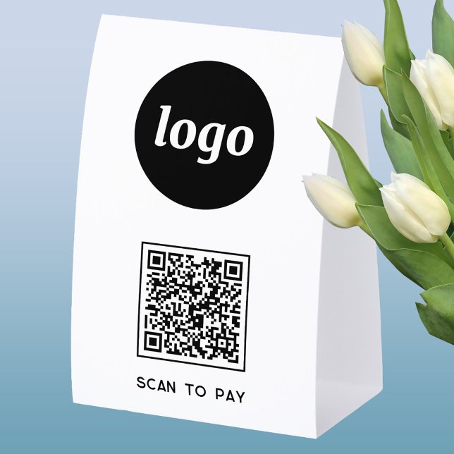 QR Code Logo Business Scan to Pay (Simple logo with custom text business branding promotional QR code table tent sign )