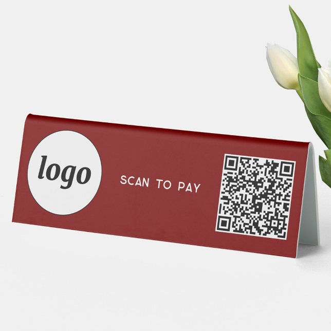 QR Code Logo Business Scan to Pay Burgundy Red (Simple logo QR code with custom text scan to pay business branding promotional table tent sign)