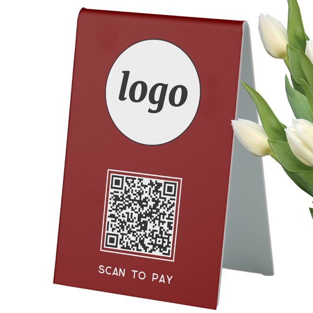 QR Code Logo Business Scan to Pay Burgundy Red (Simple logo QR code with custom text business branding promotional Scan to Pay table tent sign)