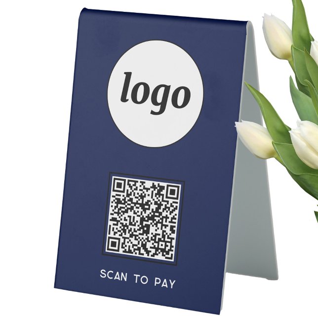 QR Code Logo Business Scan to Pay Navy Blue (Simple logo QR code with custom text business branding promotional Scan to Pay table tent sign)