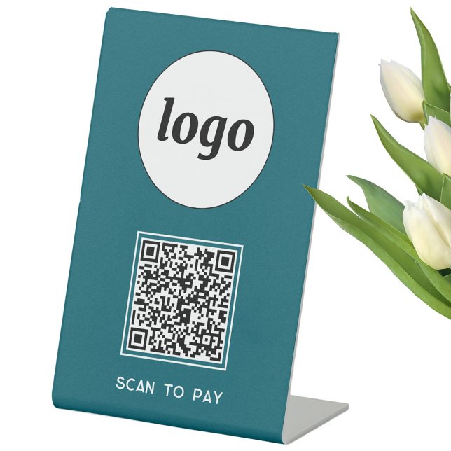 QR Code Logo Business Scan to Pay Teal Green Pedestal Sign (Simple logo QR code with custom text business branding promotional scan to pay table pedestal sign)