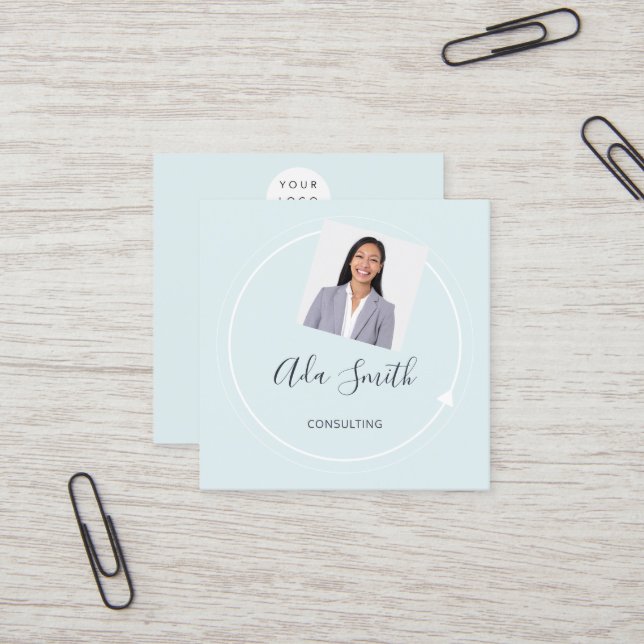 QR Code Logo Custom Custom Photo Consulting Aqua Square Business Card (Front/Back In Situ)