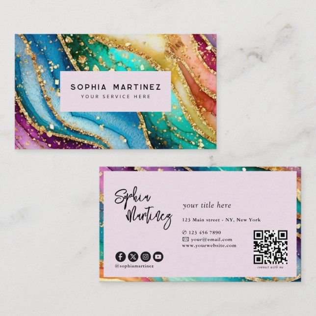 QR Code & Logo Elegant Rainbow Agate gold Glitter  Business Card (Front/Back)