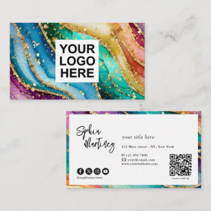 QR Code & Logo Elegant Rainbow Agate gold Glitter Business Card