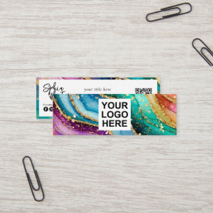 QR Code & Logo Elegant Rainbow Agate gold Glitter  Mini Business Card