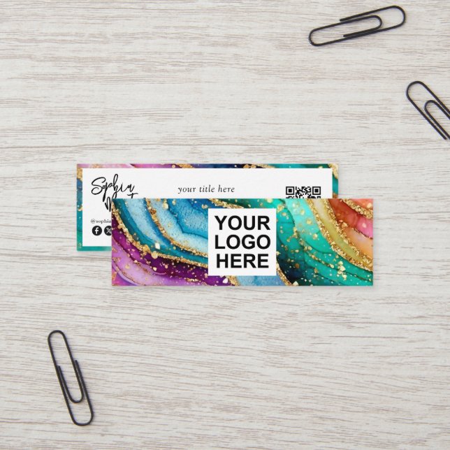 QR Code & Logo Elegant Rainbow Agate gold Glitter  Mini Business Card (Front/Back In Situ)