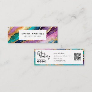 QR Code & Logo Elegant Rainbow Agate gold Glitter  Mini Business Card