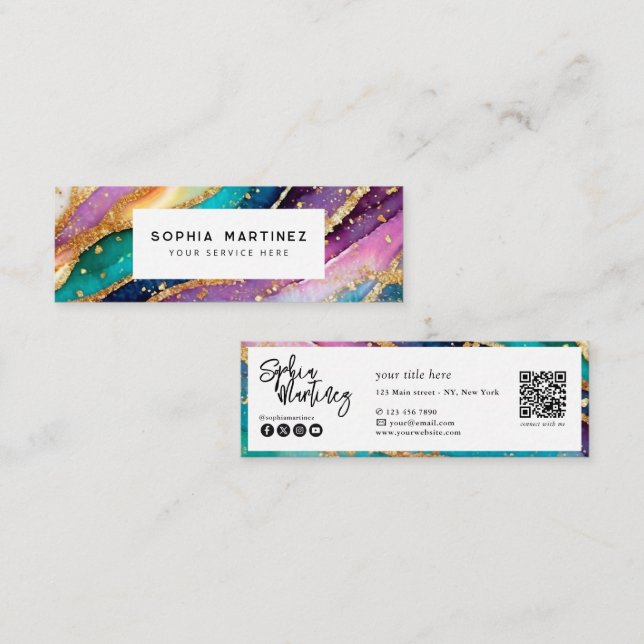 QR Code & Logo Elegant Rainbow Agate gold Glitter  Mini Business Card (Front/Back)