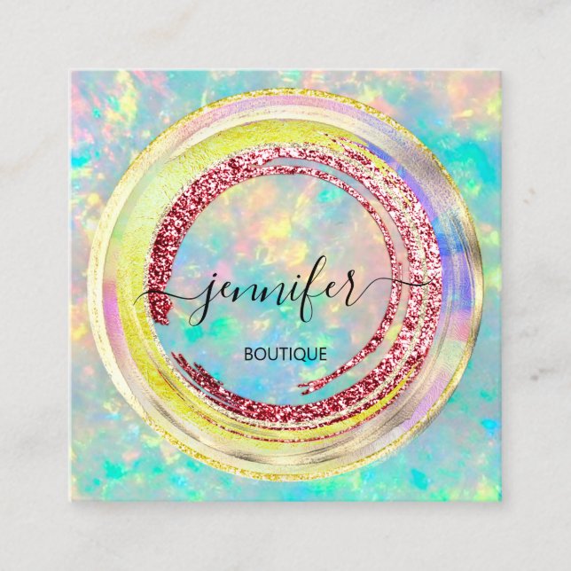 QR Code Logo Glitter Gold Drips Holograph Colourfu Square Business Card (Front)