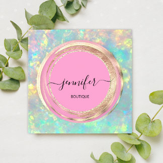 QR Code Logo Glitter Gold Drips Holograph Pink Square Business Card