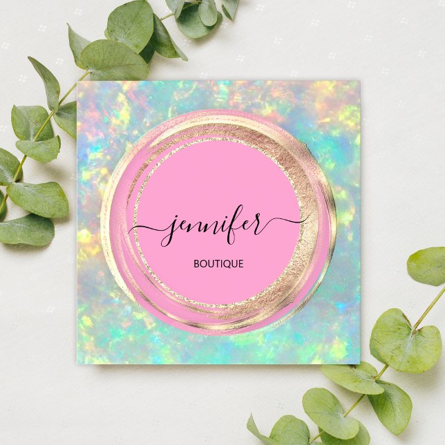 QR Code Logo Glitter Gold Drips Holograph Pink Square Business Card (Creator Uploaded)