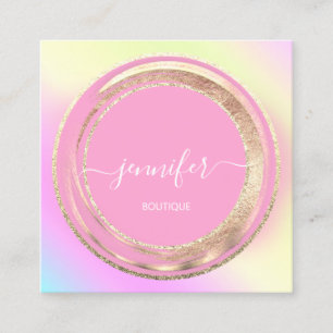 QR Code Logo Glitter Gold Frame Holograph Pink Square Business Card