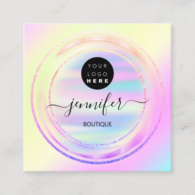 QR Code Logo Holographic Pink Gold Ombre  Square Business Card (Front)