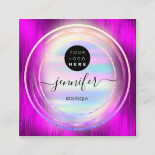 QR Code Logo Holographic Pink Ombre Strokes Square Business Card