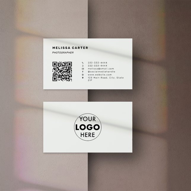 QR Code & Logo | Light Grey | Sleek & Smart Business Card (Front & back of a gray minimalist business card design which features customisable QR Code & logo.)