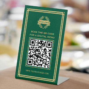 QR Code Logo Menu Contactless Classic Green Gold Pedestal Sign