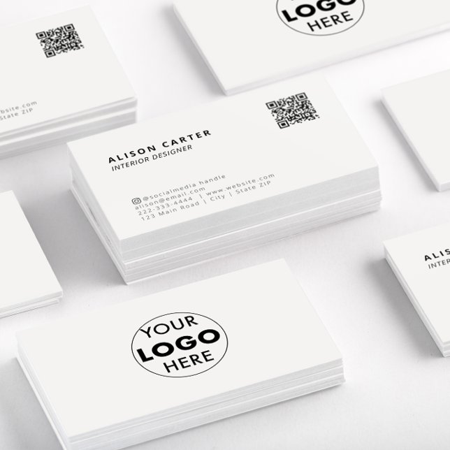 QR Code | Logo | Off White | Modern Design  Business Card (Stacks of off white business cards showing the front of the card with QR code and logo at the back.)