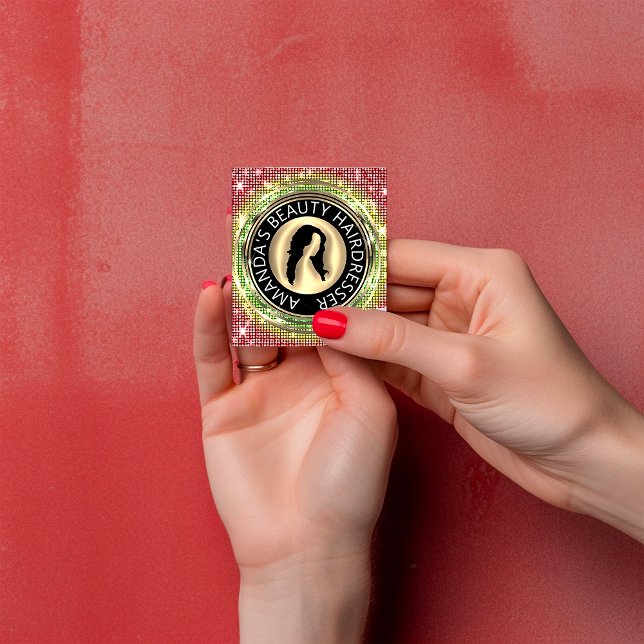  QR Code Logo Online Shop Frame Holographic  Square Business Card (Golden logo & QR code: your gateway to luxury with our holographic card. #GoldenTicketToBeauty)