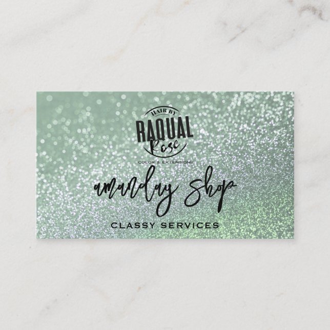 QR Code Logo Online Shop Mint Green Glitter Business Card (Front)