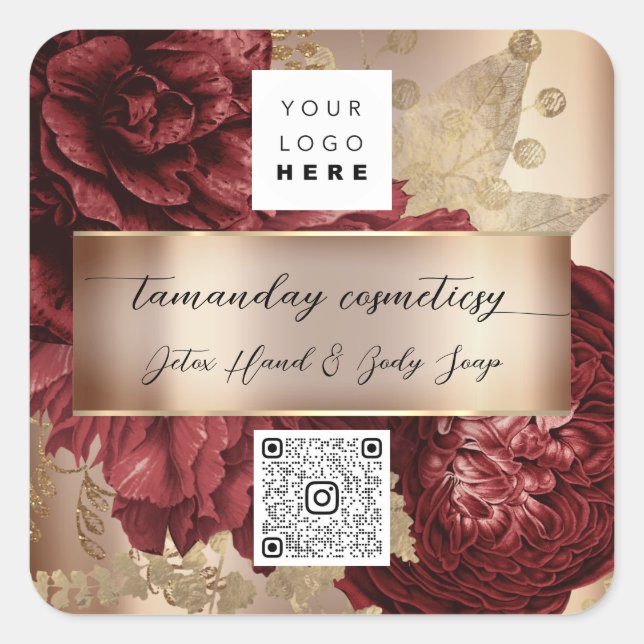 QR Code Logo Photo Product Thank Rose Red Wine Square Sticker (Front)