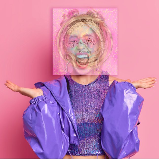 QR Code Logo Pink Glitter Gold Drips Holographic  Square Business Card (QR Code Logo Pink Glitter Gold Drips Holographic Square Business Card)