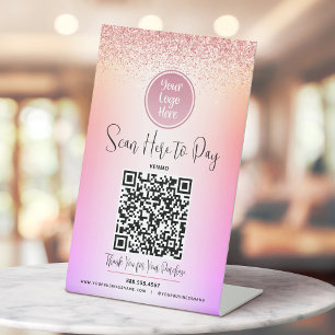 QR Code Logo Pink Glitter Rainbow Ombre Pay Here Pedestal Sign
