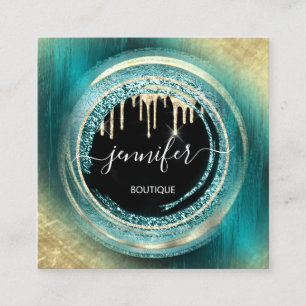 QR Code Logo Shop Black Gold Drips Teal Abstract Square Business Card