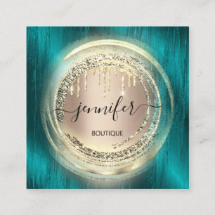 QR Code Logo Shop Blush Rose Gold Drips Teal Square Business Card