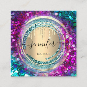 QR Code Logo Shop Pink Gold Drips Confetti Square Business Card