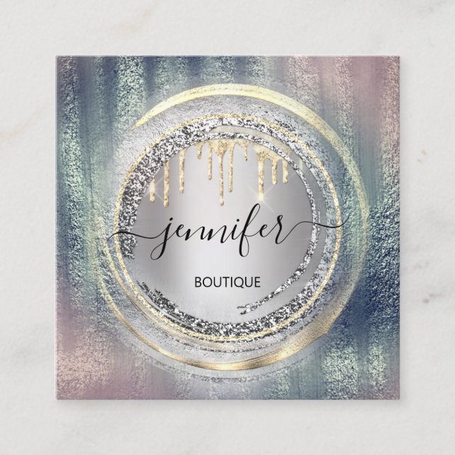 QR Code Logo Shop Rose Silver Gold Drips Circles  Square Business Card (Front)