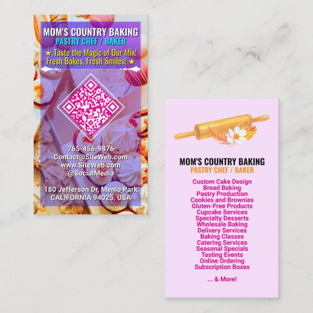QR Code, Logo & Slogan (Handmade Chef) Cake Bakery Business Card (Front/Back)