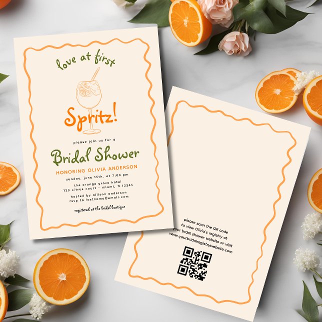 QR Code Love At First Spritz Funky Bridal Shower Invitation (Creator Uploaded)