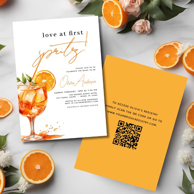 QR Code Love at First Spritz Orange Bridal Shower  Invitation (Creator Uploaded)