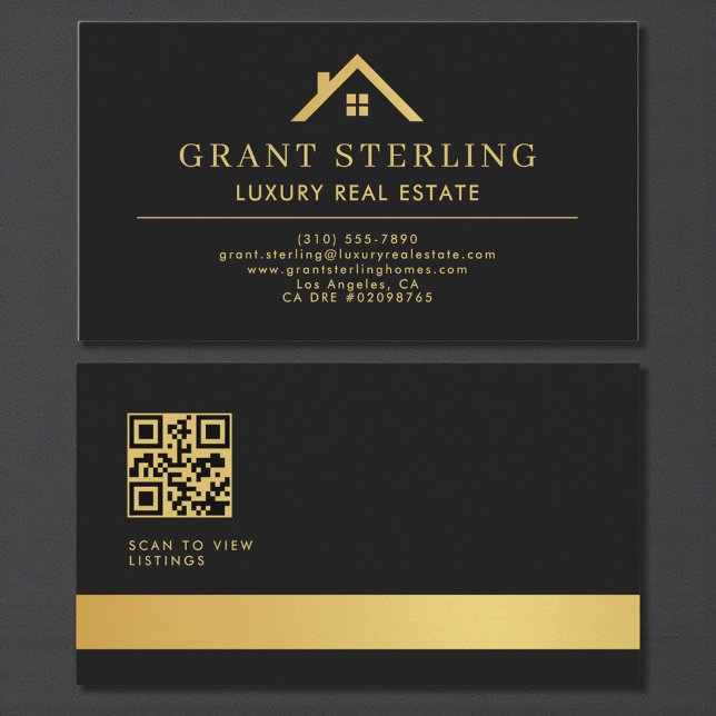 QR Code Luxury Real Estate Agent Black Gold Business Card (Creator Uploaded)