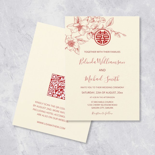 QR Code | Magnolia Red Cream Chinese Wedding Invitation (Creator Uploaded)