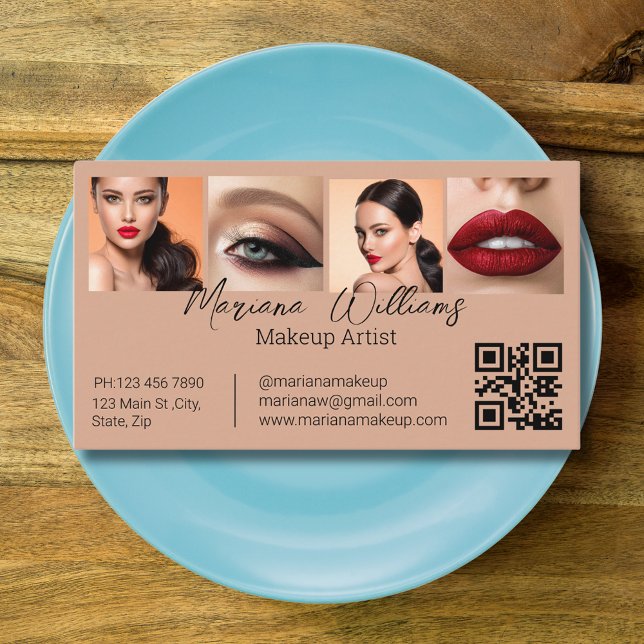 qr code makeup artist 4 photos collage brown business card (Creator Uploaded)