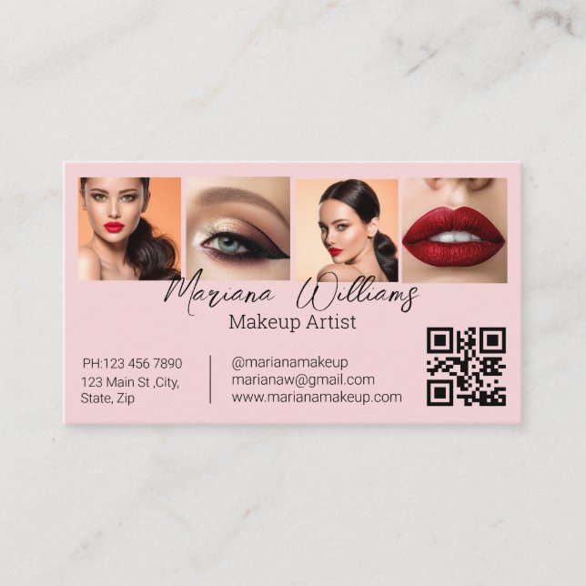 qr code makeup artist 4 photos pink business calling card (Front)