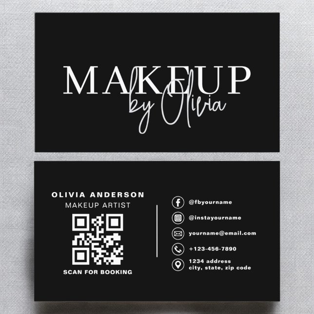 QR Code Makeup Artist Black White Social Media Business Card (Creator Uploaded)