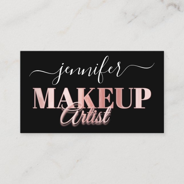 QR Code Makeup Artist Gold Confetti Rose Black Business Card (Front)