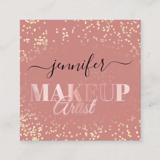 QR Code Makeup Artist Gold Confetti Rose Blush Square Business Card (Front)
