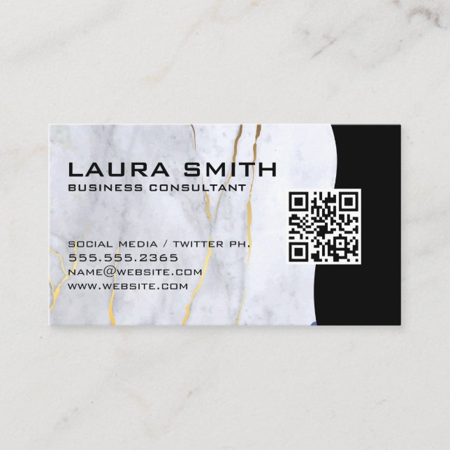 QR Code / Marble Blue Gold Business Card (Front)