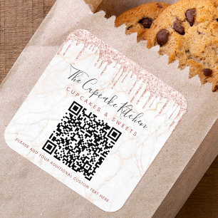 QR Code Marble Pink Glitter Drips Business Name Square Sticker
