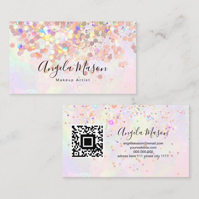 QR Code Marbled Makeup Artist Holographic Glitter Business Card (Front/Back)