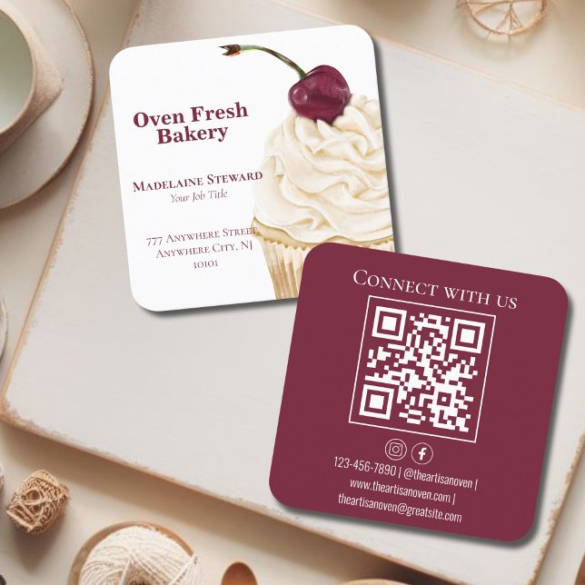 QR Code Maroon White Cupcake Bakery Square  Square Business Card (Creator Uploaded)